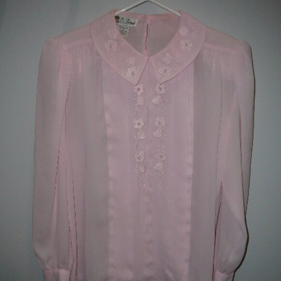 LaBlouse Pleated Long Sleeve Sheer Pink Floral Design Mini White Beads-Size 12 - Picture 1 of 6